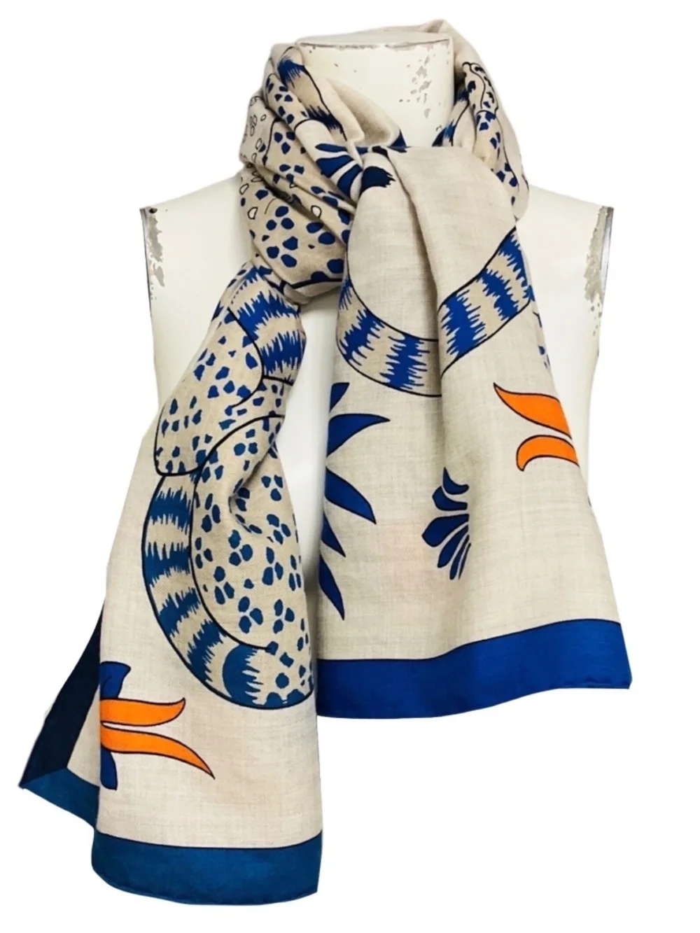 HERMES NATURAL / BLUE / ORANGE LES LEOPARDS LARGE CASHMERE AND SILK SCARF